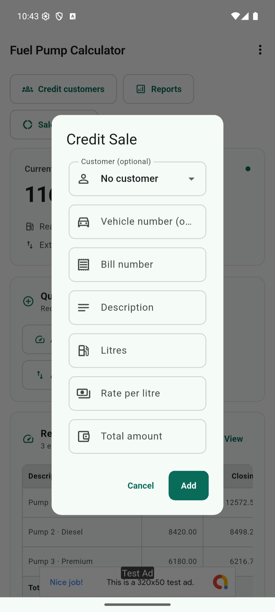 Credit Sale form with optional customer, vehicle, bill number, description, litres, rate, and total amount fields
