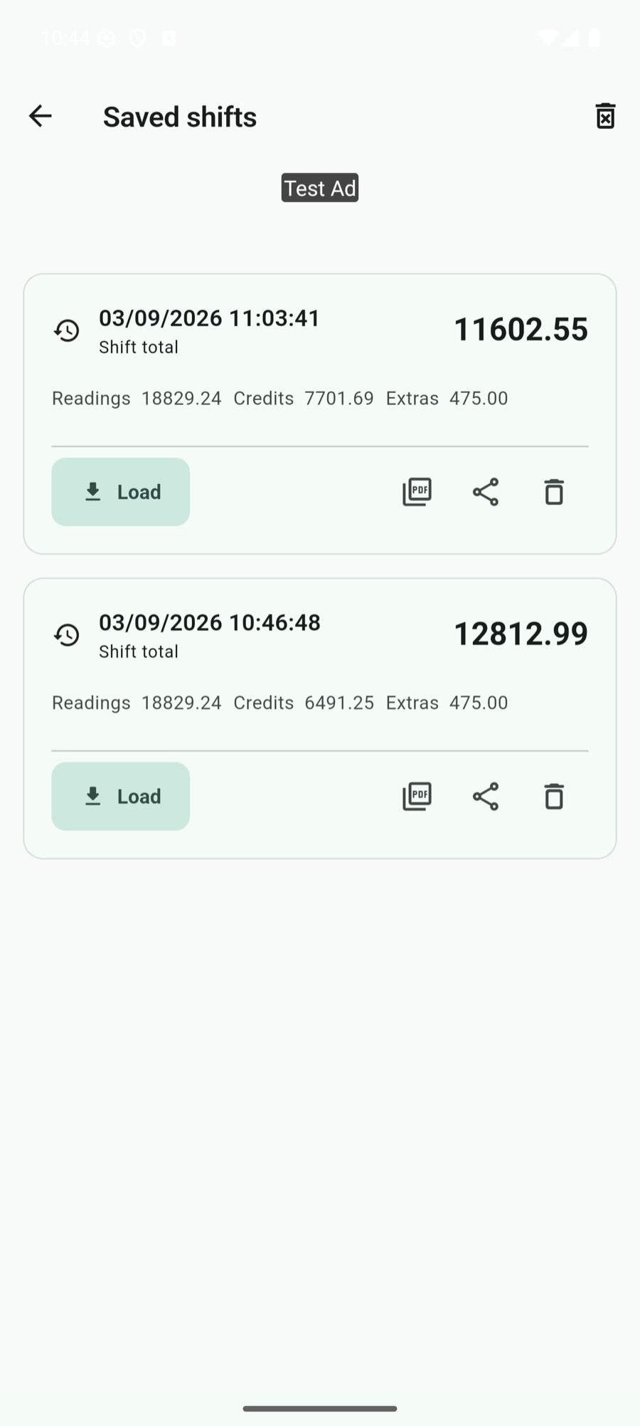 Saved shifts screen showing dated shift cards with totals and load, PDF, share, and delete controls