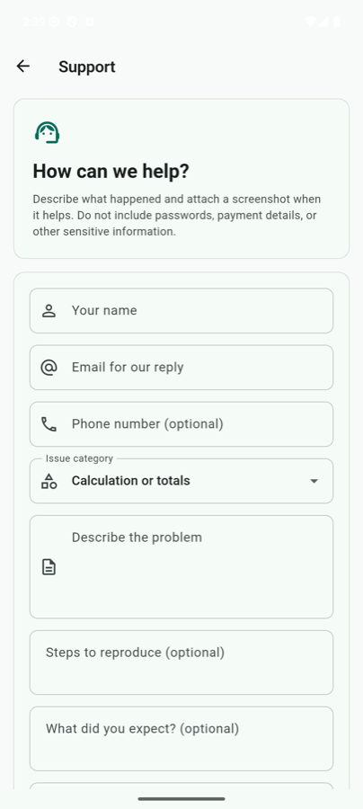 Support form open in Fuel Pump Calculator on Android