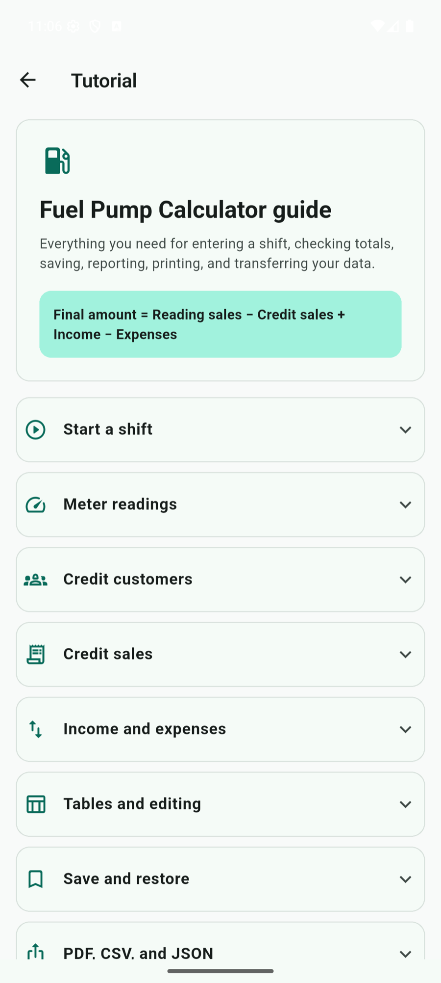 The in-app Fuel Pump Calculator tutorial with expandable help topics
